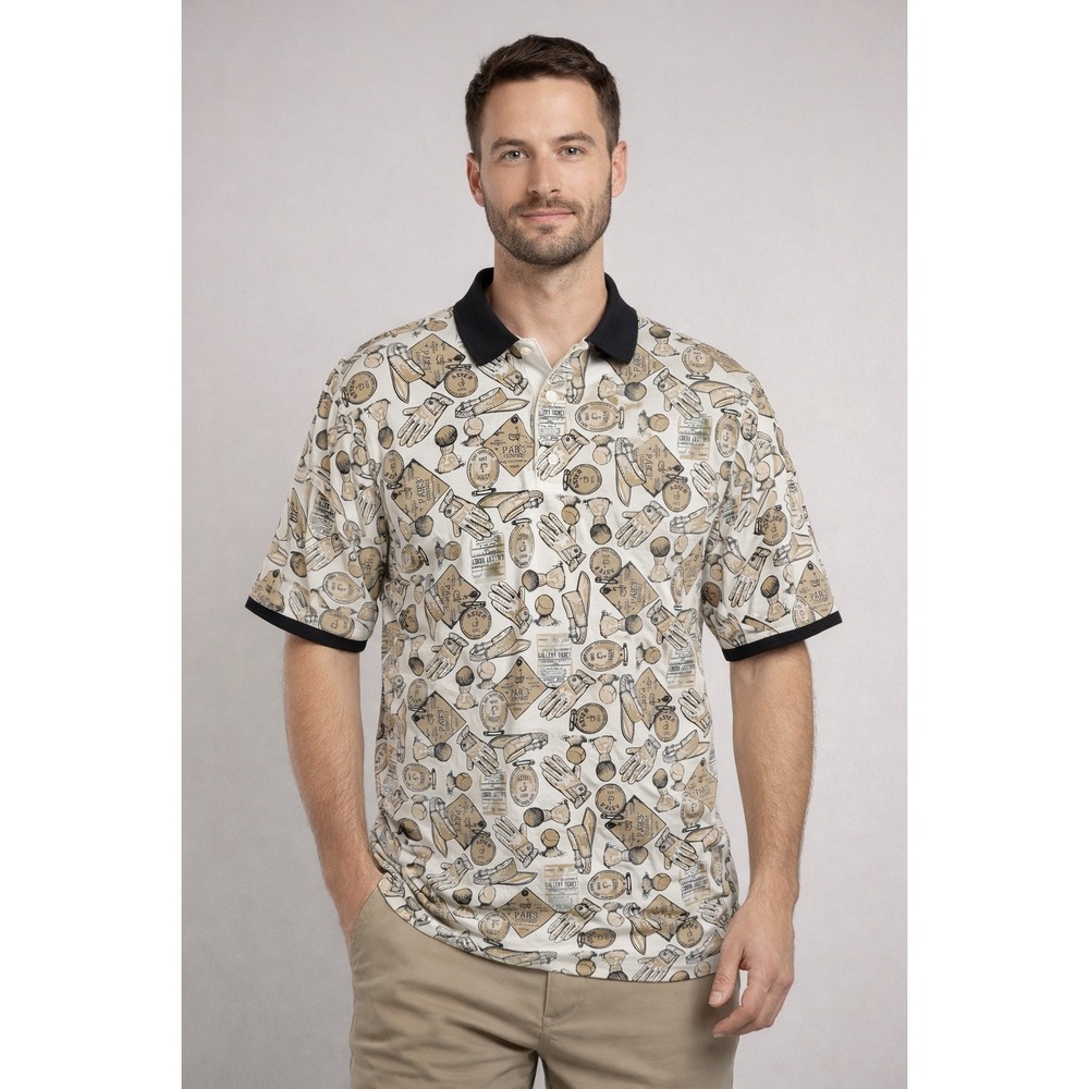 Haggar Golf Polo Shirt Mens Medium Cream Vintage All Over Print Cotton Short Slv